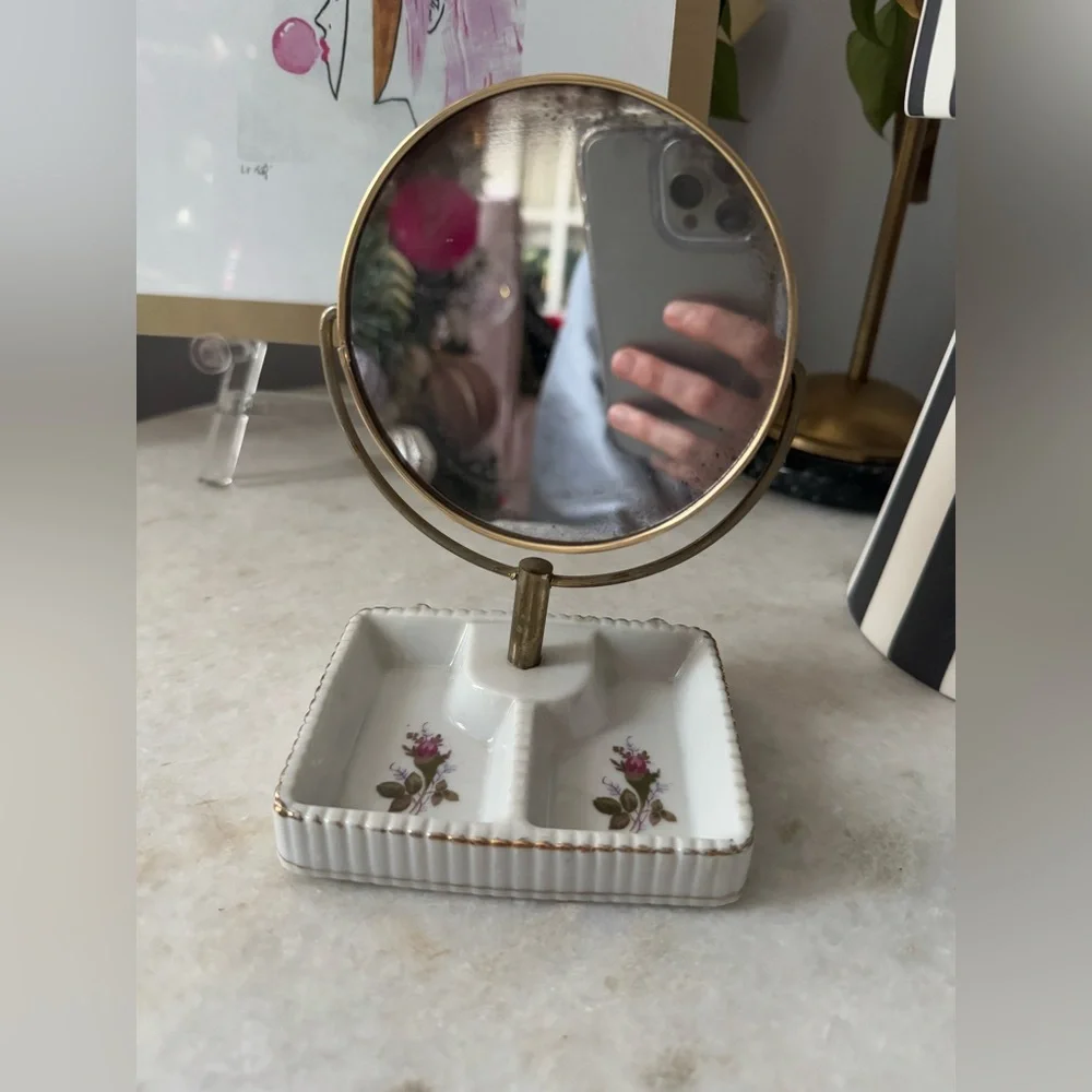 vintage porcelain vanity mirror and jar set